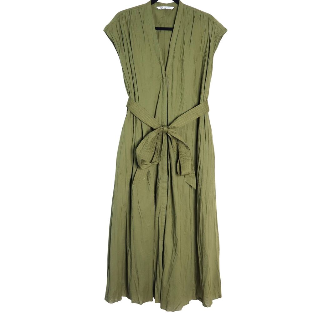 ZARA Green Belted Maxi Dress Cotton Slouchy Boho Lagenlook Women's S